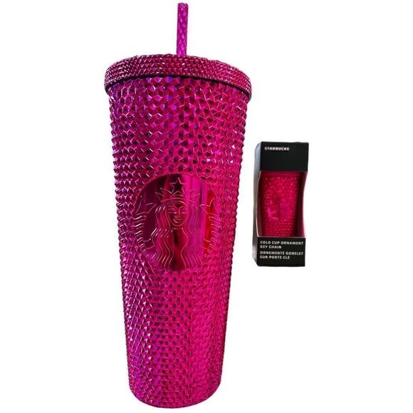 Starbucks Pink, fuchsia chrome Tumbler with Key Chain Bundle - Picture 1 of 5
